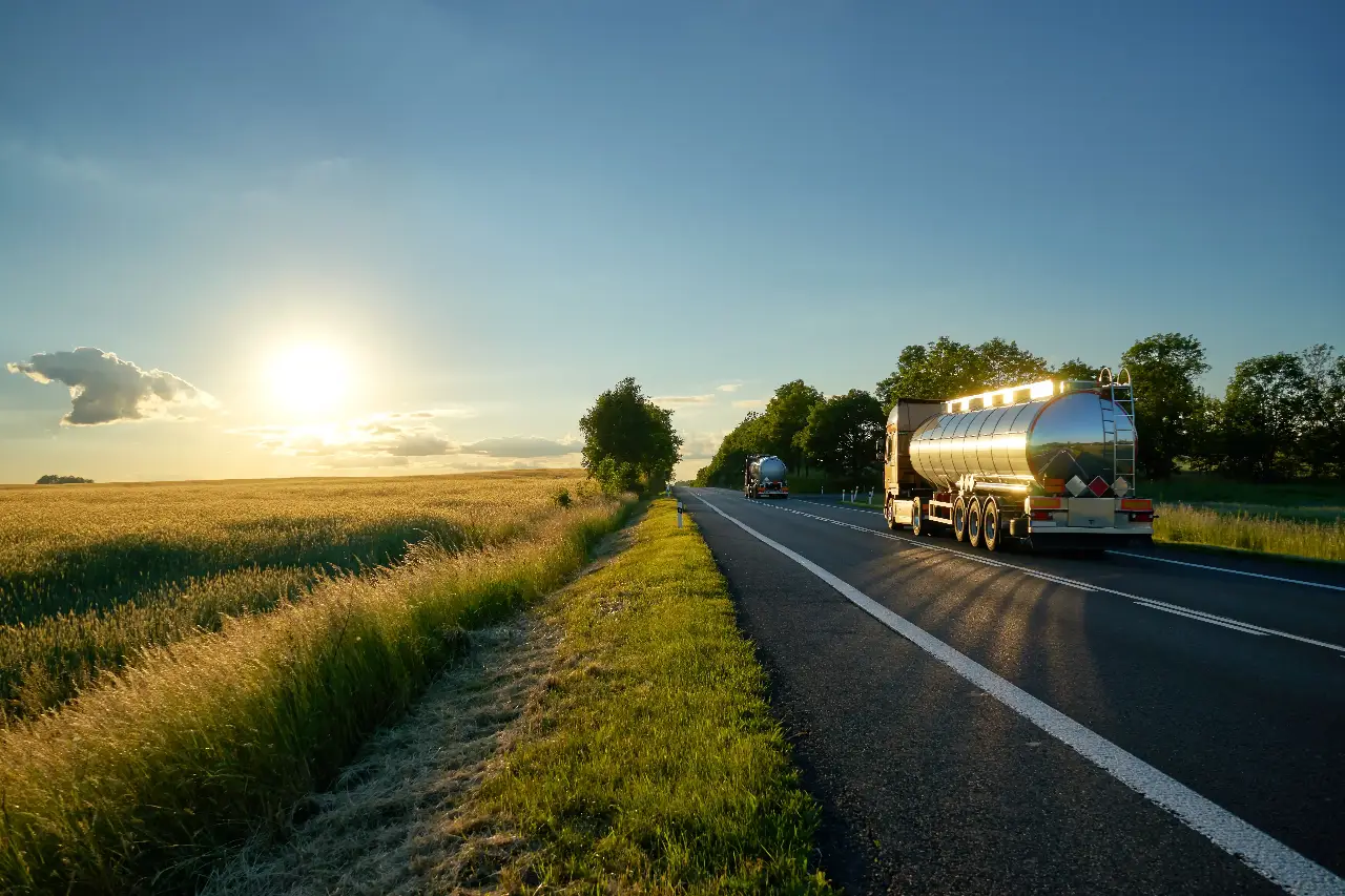 compressed-AdobeStock_115829341 Milk tanker travelling through rural farmland to support efficient dairy farm operations and milk collection.